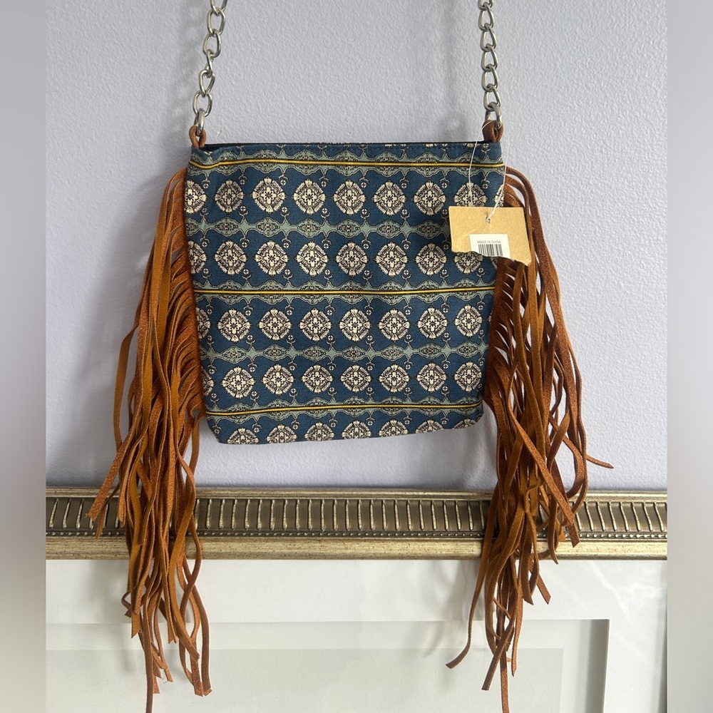 NWT Boho Fringe Crossbody Bag faux suede and canvas silver chain accent